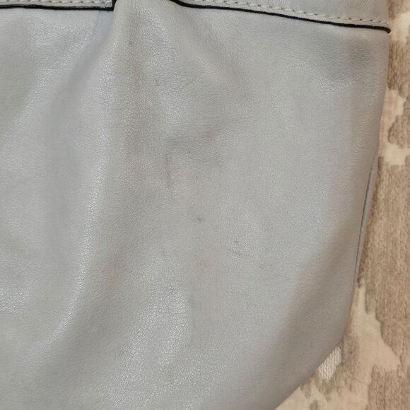 Tignanello Gray Leather Tote Bucket Bag With Striped Interior Double Handles - Picture 12 of 13